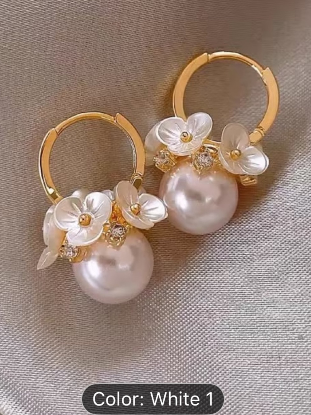Gold Pearl Hoop Earrings with White Floral Accents